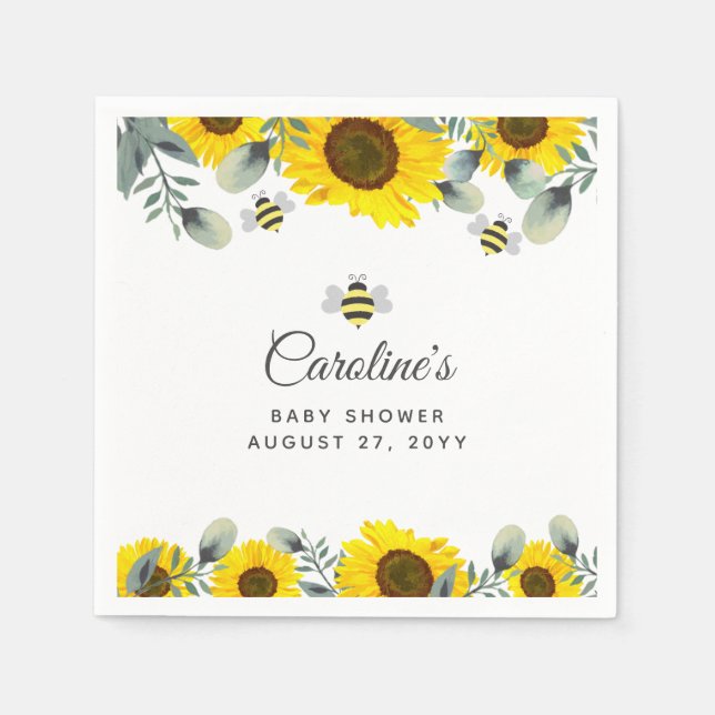 Cute Bees & Sunflowers Eucalyptus Baby Shower Napkin (Front)