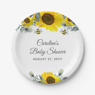 Cute Bees & Sunflowers Eucalyptus Baby Shower Paper Plate