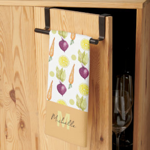 Cute Beets Lemon and Carrots Watercolor Pattern Tea Towel
