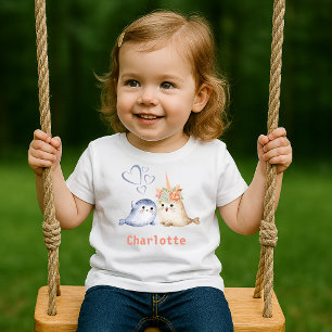 cute beige blue watercolor baby seals + unicorn T-Shirt