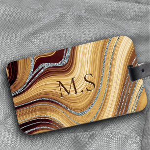Cute beige brown marble art Glitter monogram Luggage Tag