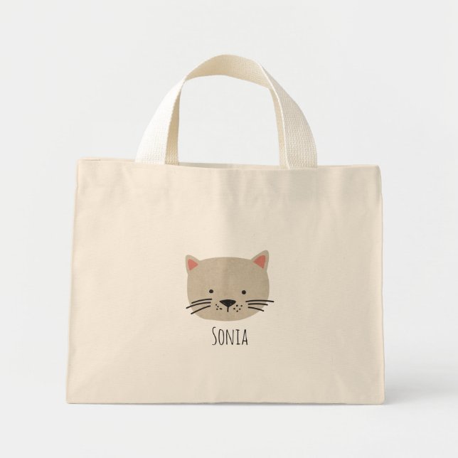 Cute Beige Cat Face Mini Tote Bag (Front)