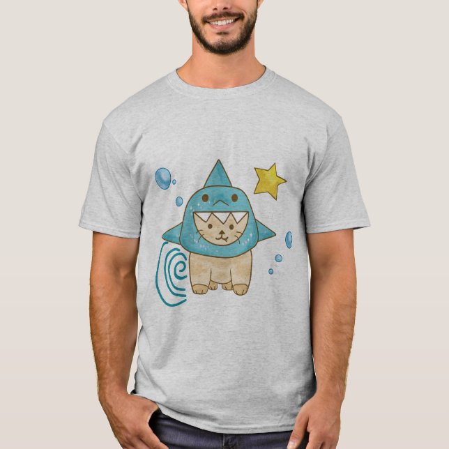 Cute beige cat in shark costume aqua sea T-Shirt (Front)