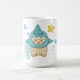 Cute beige cat in shark costume, aqua sea themed coffee mug