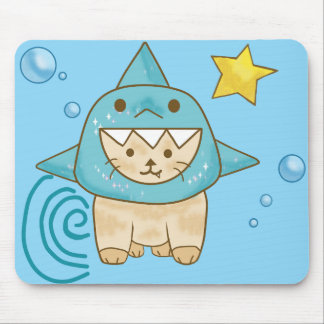 Cute beige cat in shark costume aqua sea themed mouse pad
