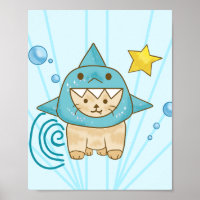 Cute beige cat in shark costume aqua sea themed