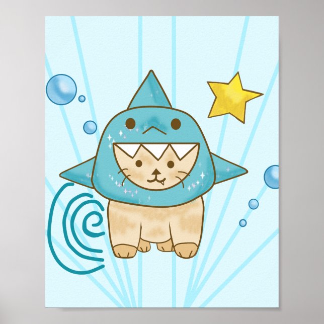 Cute beige cat in shark costume aqua sea themed poster (Front)