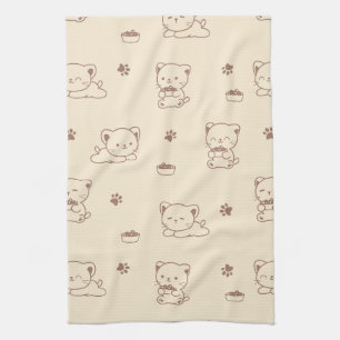 Cute Beige Cat Pattern (1) Tea Towel
