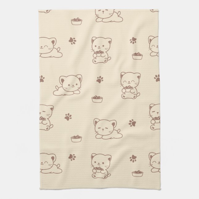 Cute Beige Cat Pattern (1) Tea Towel (Vertical)