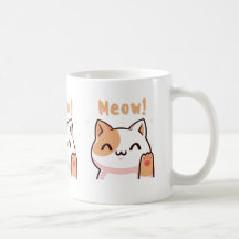 Cute Beige Cat with Meow Text Illustration Mugs