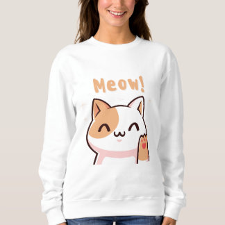 Cute Beige Cat with Meow Text Illustration Sweatshirt