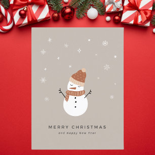 Cute Beige Illustrated Snowman Christmas Holiday Card