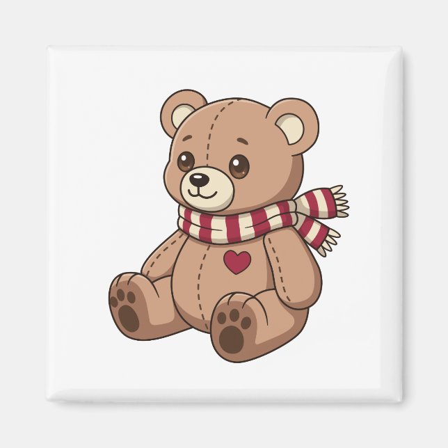 Cute Beige Teddy Bear with Striped Scarf Magnet (Front)