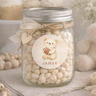 Cute Beige Watercolor Teddy Bear with Football Classic Round Sticker