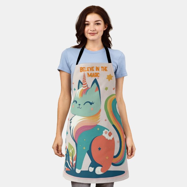 Cute "Believe in the Magic" Kitten-Unicorn Apron (Worn)
