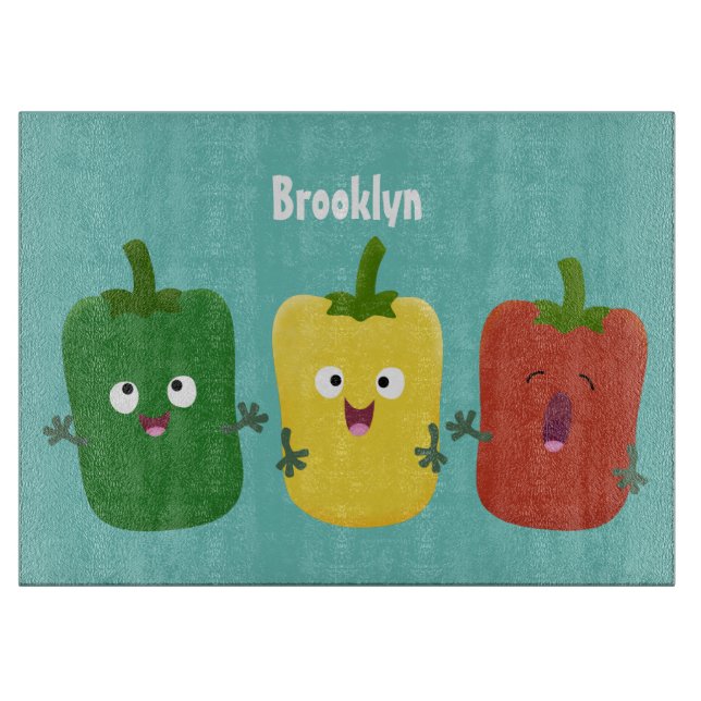 Cute bell pepper capsicum trio singing cartoon cutting board (Front)