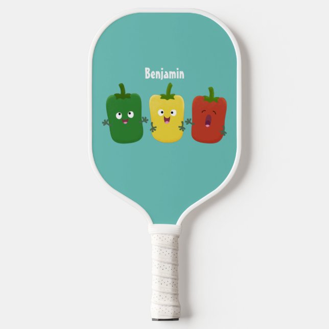 Cute bell pepper capsicum trio singing cartoon  pickleball paddle (Front)