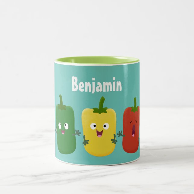 Cute bell pepper capsicum trio singing cartoon Two-Tone coffee mug (Center)