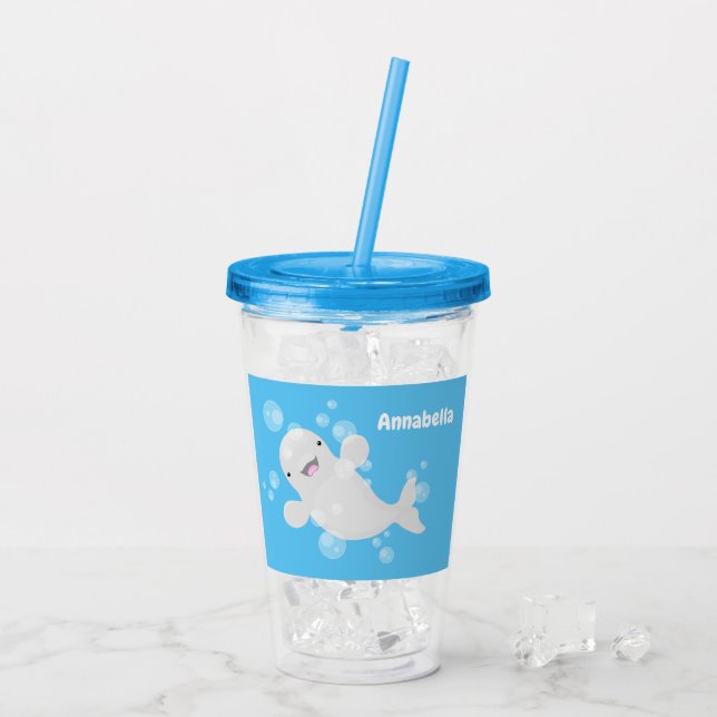 Cute beluga whale bubbles cartoon illustration acrylic tumbler (Back Ice)