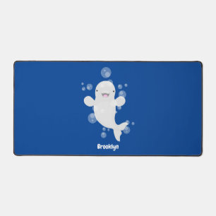 Cute beluga whale bubbles cartoon illustration desk mat