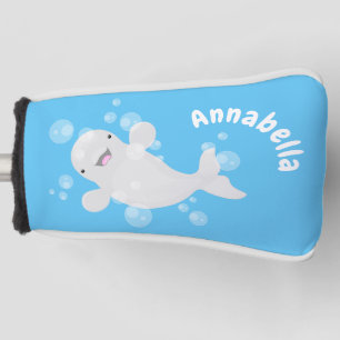 Cute beluga whale bubbles cartoon illustration golf head cover