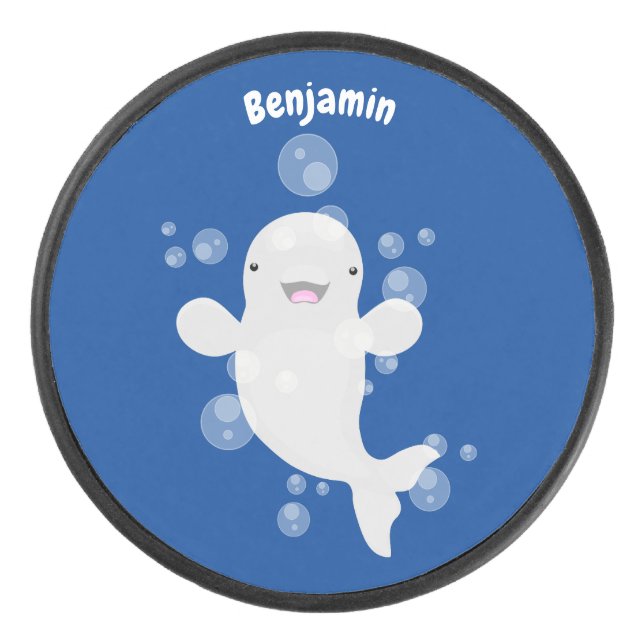 Cute beluga whale bubbles cartoon illustration hockey puck (Front)