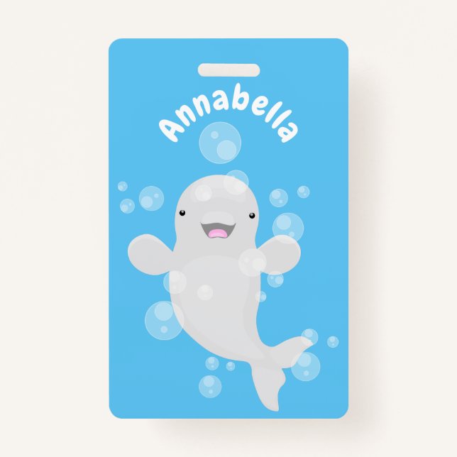 Cute beluga whale bubbles cartoon illustration ID badge (Front)
