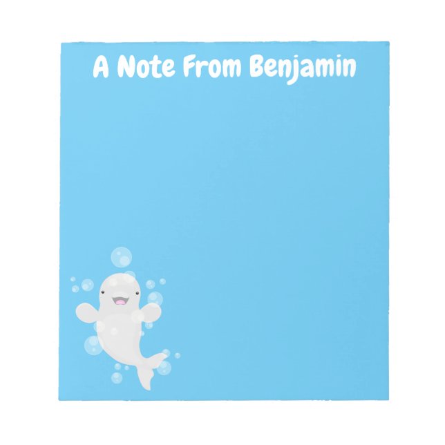 Cute beluga whale bubbles cartoon illustration notepad (Front)