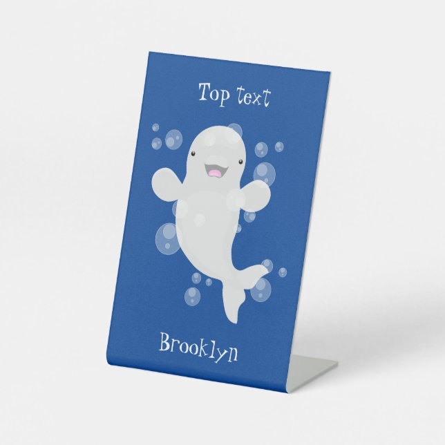Cute beluga whale bubbles cartoon illustration pedestal sign (Front)