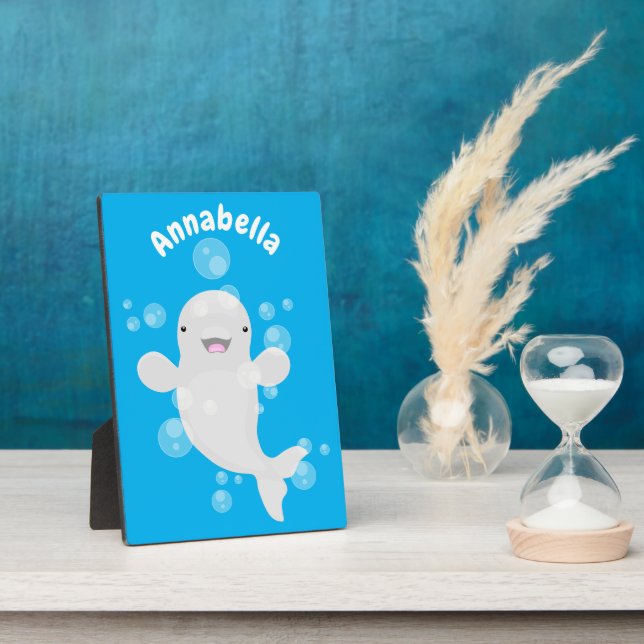 Cute beluga whale bubbles cartoon illustration plaque (Side)