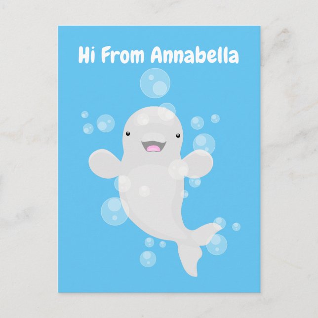 Cute beluga whale bubbles cartoon illustration postcard (Front)