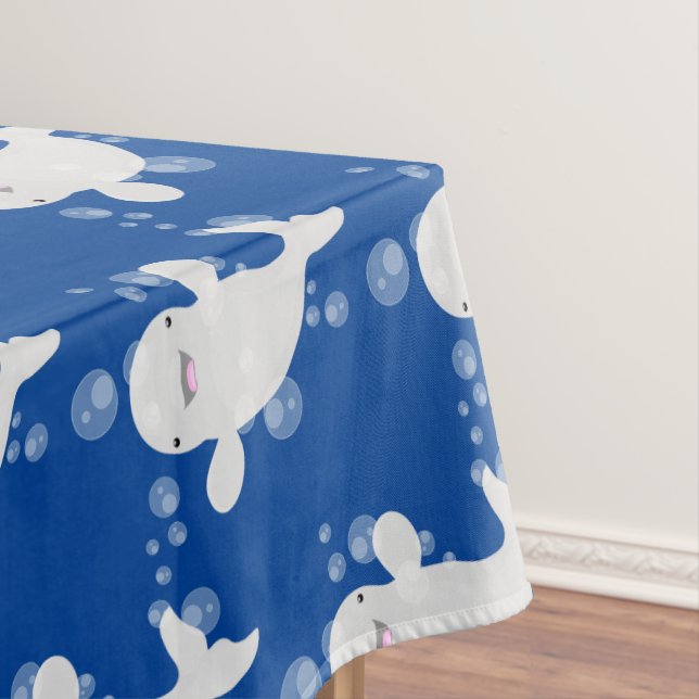 Cute beluga whale bubbles cartoon illustration tablecloth (In Situ)