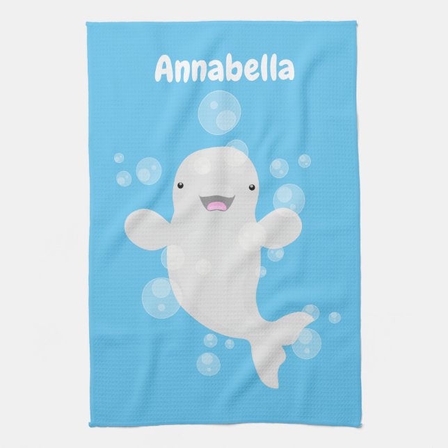 Cute beluga whale bubbles cartoon illustration tea towel (Vertical)