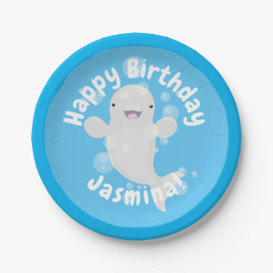 Cute beluga whale bubbles personalised birthday paper plate