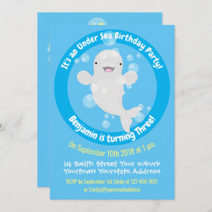 Cute beluga whale personalised cartoon birthday invitation