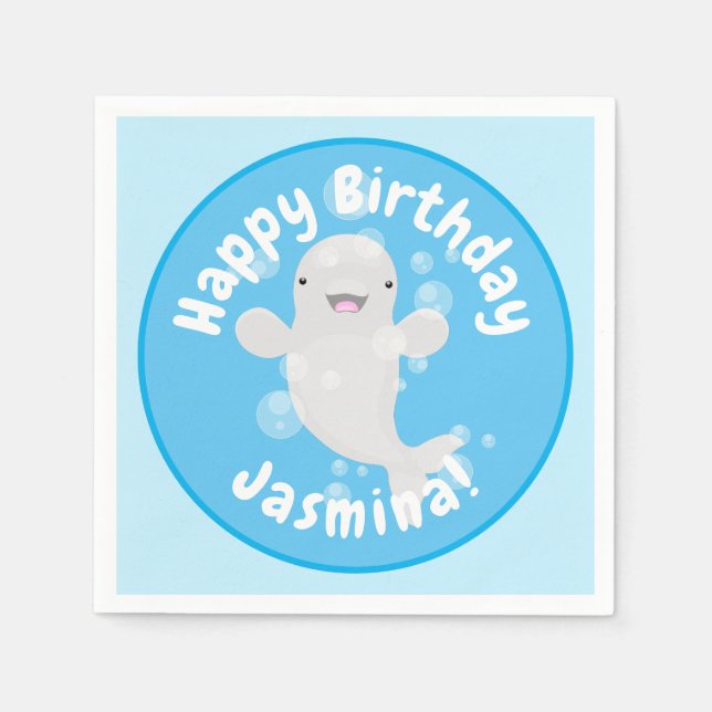 Cute beluga whale personalised cartoon birthday napkin (Front)