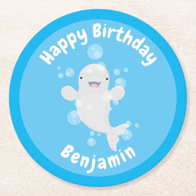 Cute beluga whale personalised cartoon birthday round paper coaster (Front)