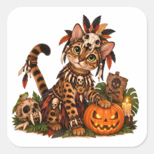 Cute Bengal Cat Jungle Shaman Halloween Square Sticker