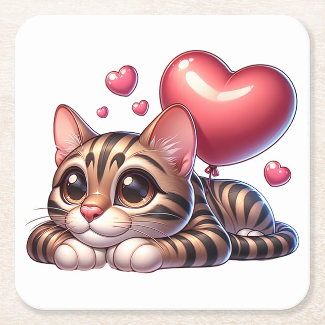 Cute Bengal Cat Lover Red Heart Kitten Kitty Mum  Square Paper Coaster (Front)