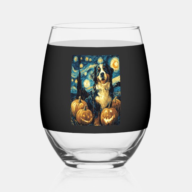 Cute Bernese mountain Dog Halloween Jack O Lantern Stemless Wine Glass (Front)