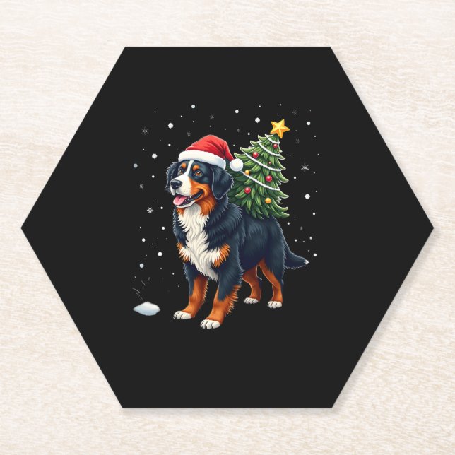 Cute Bernese Mountain Dog in a Christmas Tree for  Paper Coaster (Front)