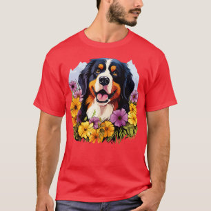 Cute Bernese Mountain Dog in Spring Flower Garden  T-Shirt