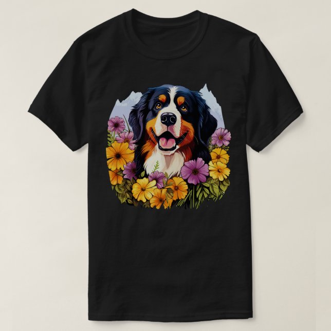 Cute Bernese Mountain Dog in Spring Flower Garden  T-Shirt (Design Front)