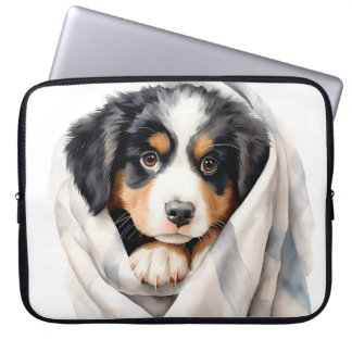 CUTE BERNESE MOUNTAIN DOG PUPPY IN BLANKET LAPTOP SLEEVE