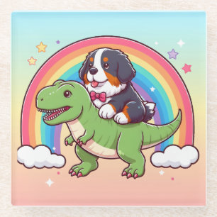 Cute Bernese Mountain Dog Riding T-Rex Dinosaur Glass Coaster