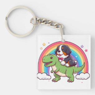 Cute Bernese Mountain Dog Riding T-Rex Dinosaur Key Ring