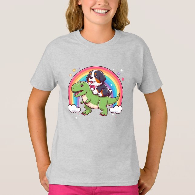 Cute Bernese Mountain Dog Riding T-Rex Dinosaur T-Shirt (Front)