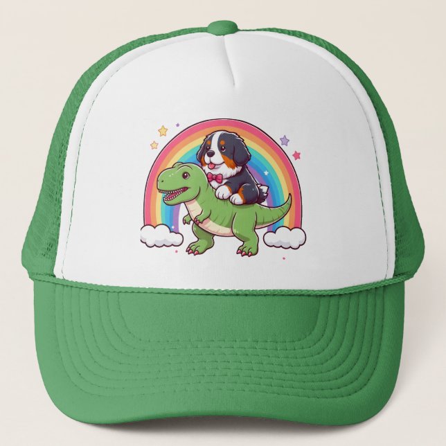 Cute Bernese Mountain Dog Riding T-Rex Dinosaur Trucker Hat (Front)