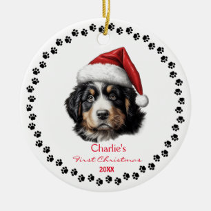 Cute Bernese Mountain Dog Santa Hat Paw Custom Ceramic Tree Decoration