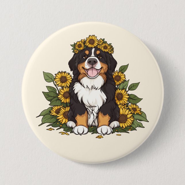 Cute Bernese Mountain Dog Wearing Sunflower Crown 7.5 Cm Round Badge (Front)